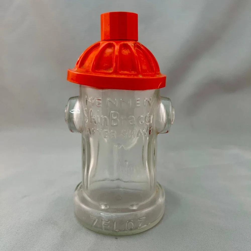 Mennen Skin Bracer After Shave Bottle Mens 7oz Clear Red Good Fire Hydrant Glass